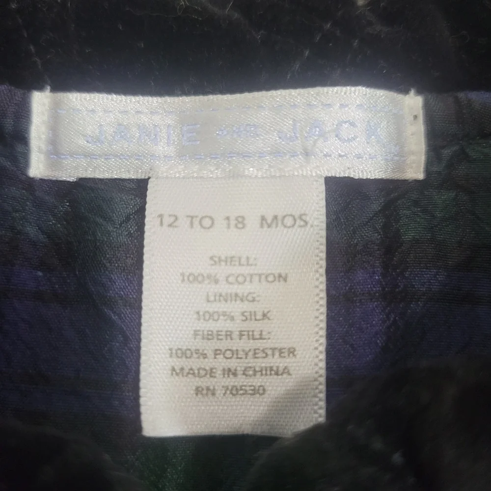 Janie and Jack 12-18M Quilted Velvet Silk Lined Jacket Toddler Black Blazer 2003
